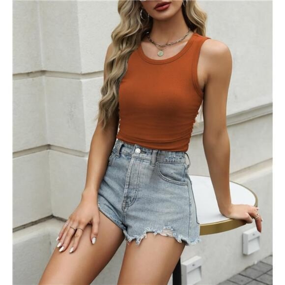 Womens Tank Tops 2024 Sleeveless Summer Tops High Neck Ribbed Knit Shirts - Picture 4 of 6